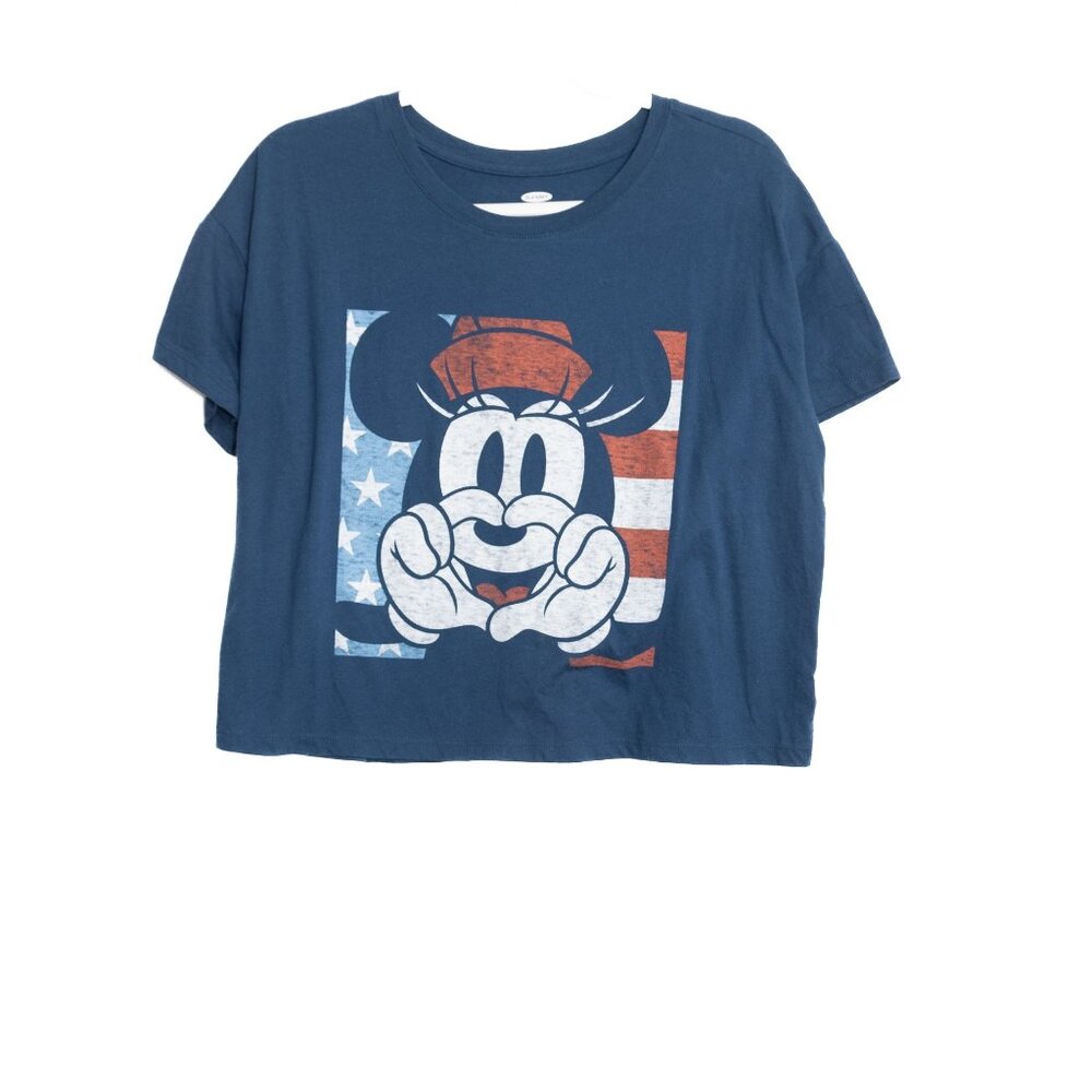 Disney Size L Mickey Mouse Patriotic American Flag Graphic Crop Tee Navy Blue
